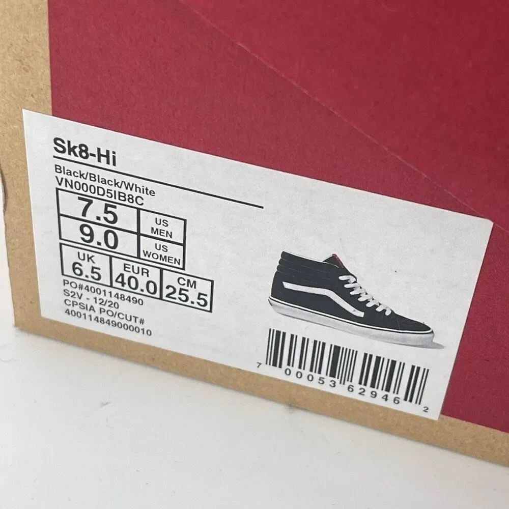 Vans Sk8-Hi Black & White Suede Canvas Sneakers | Unisex M7.5 / W9, Streetwear